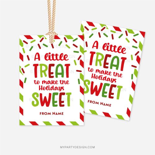 red and green sprinkles christmas gift tags that read "a little treat to make the holidays sweet"