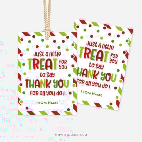 red and green christmas appreciation gift tags that read "just a little treat for you to say thank you of all you do"