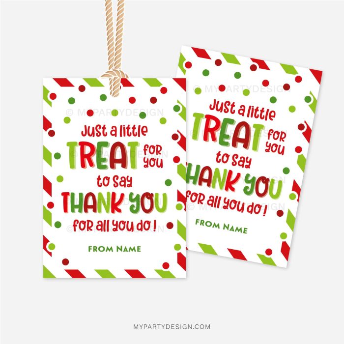 red and green christmas appreciation gift tags that read "just a little treat for you to say thank you of all you do"