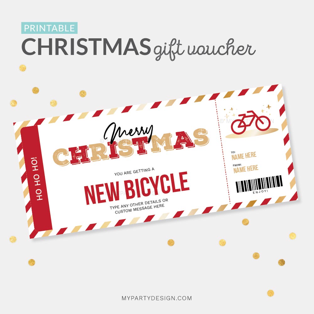 CHRISTMAS-GIFT-VOUCHER-BICYCLE-GOLD-RED-00A Christmas new bicycle gift certificate template