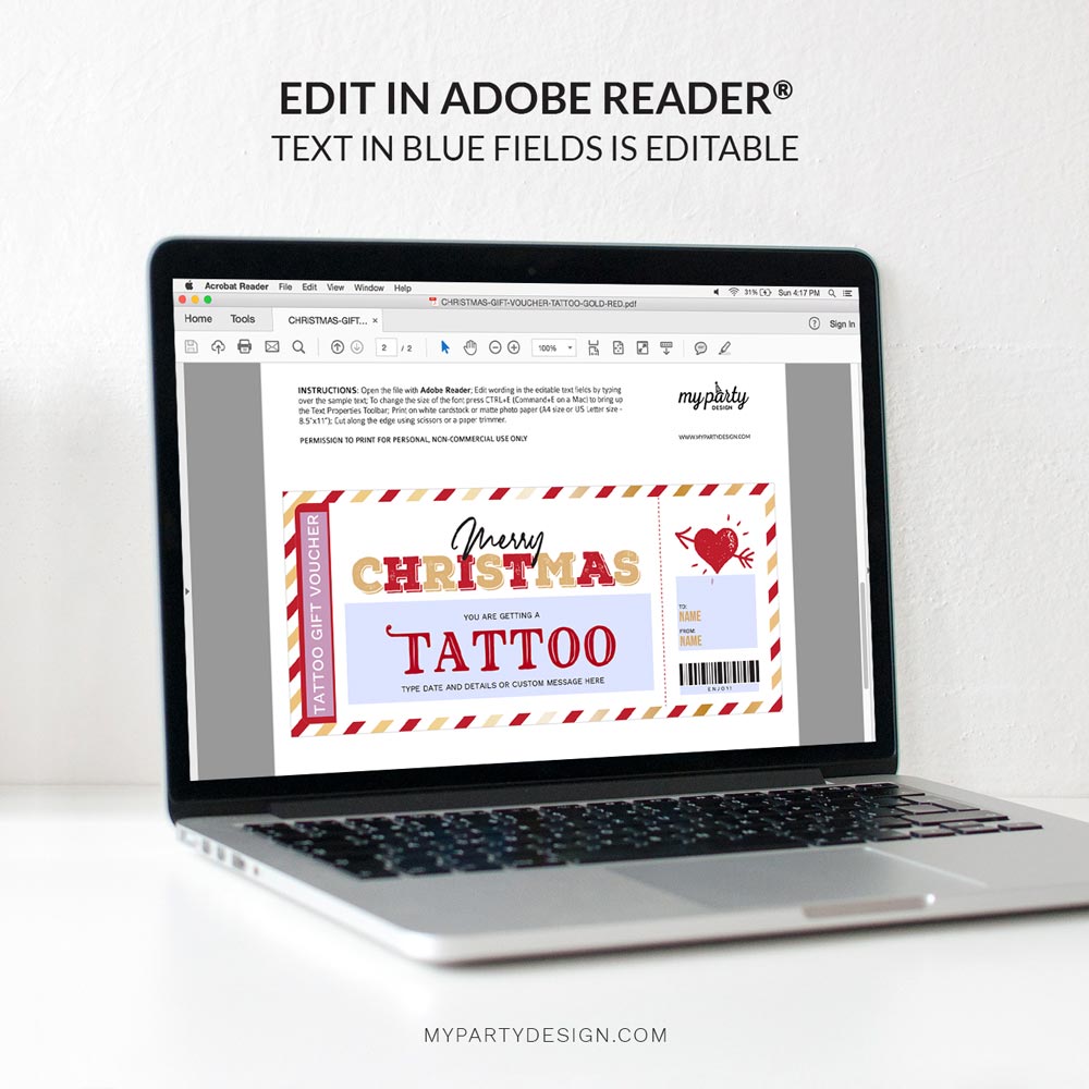 CHRISTMAS-GIFT-VOUCHER-TATTOO-GOLD-RED-00D editable Christmas tattoo gift voucher template