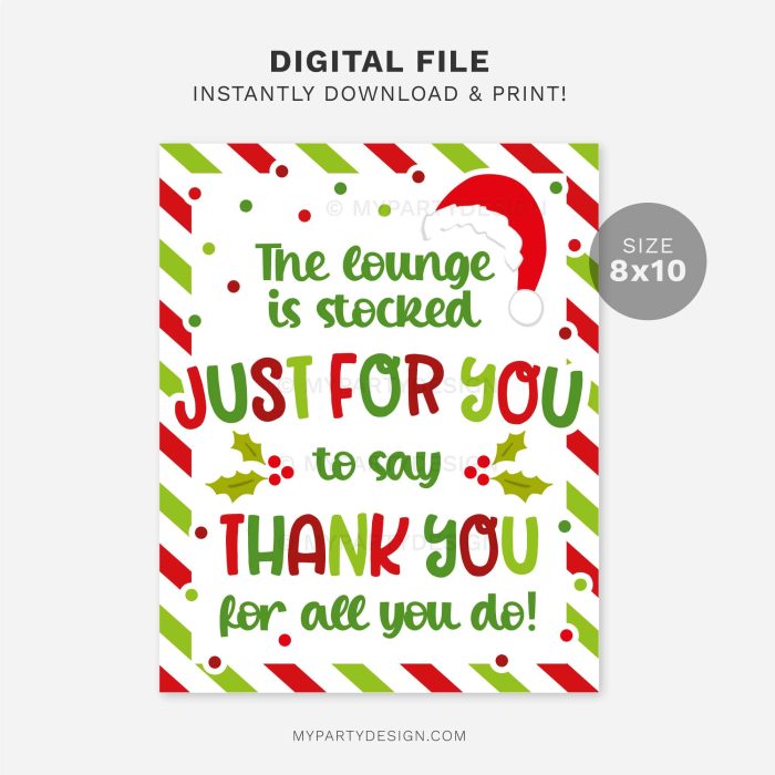 printable christmas lounge stocked to say thank you sign for nurses, employees, staff or teacher appreciation