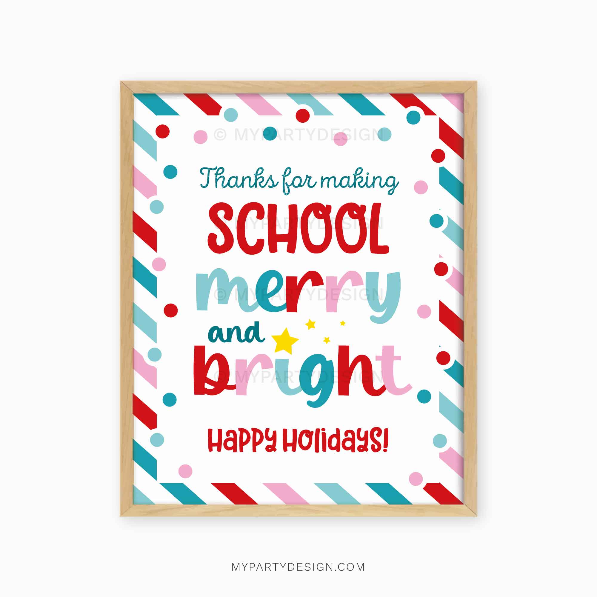 CHRISTMAS-SIGN-MERRY-BRIGHT-SCHOOL-00B red and blue christmas appreciation sign that reads "thanks for making school merry and bright"