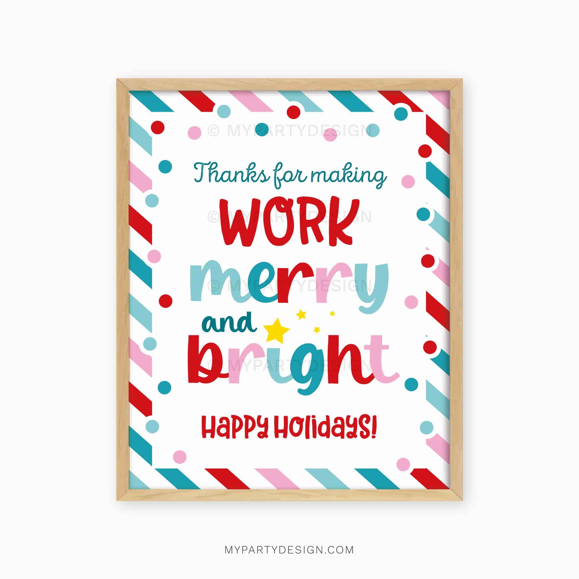 CHRISTMAS-SIGN-MERRY-BRIGHT-WORK-00B red and blue christmas appreciation sign that reads "thanks for making work merry and bright"