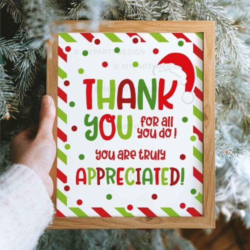 red and green striped Christmas appreciation sign for teachers, volunteers or staff