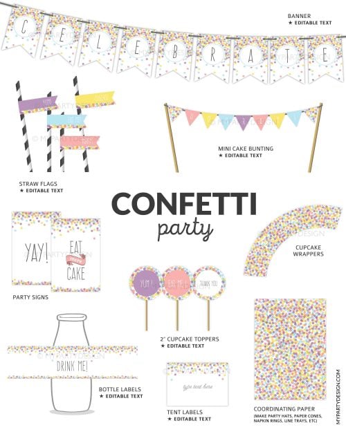 confetti birthday party decorations for kids birthday or baby shower in pastel pink, yellow, blue and purple colours