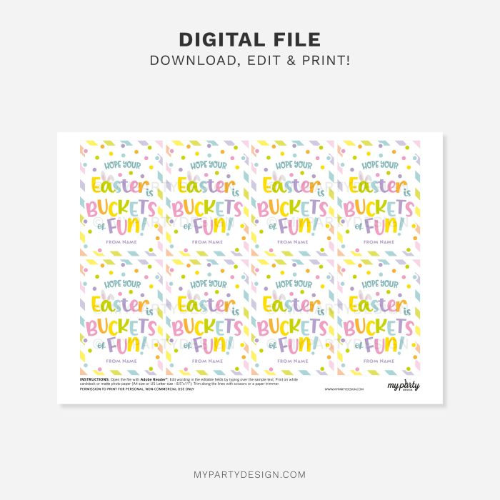 printable buckets of fun easter gift tag for Easter Basket or easter class gifts