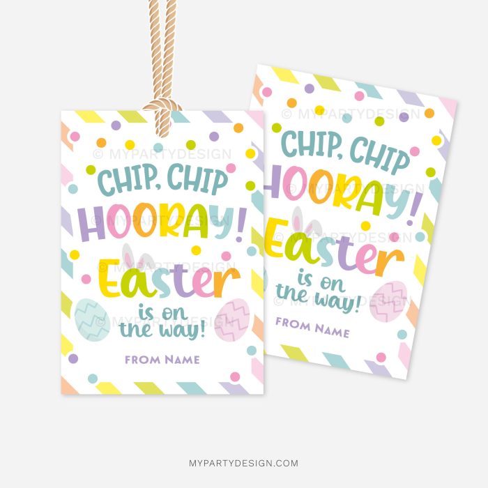 pastel coloured easter gift tags for chocolate chip cookies that read "chip chip hooray! Easter is on the way!"