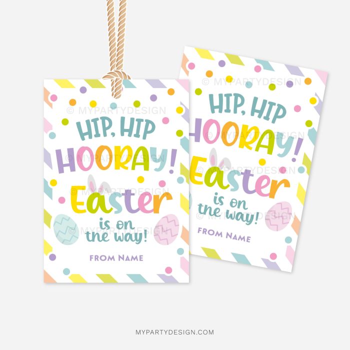pastel coloured easter gift tags that read "hip hip hooray! Easter is on the way!"