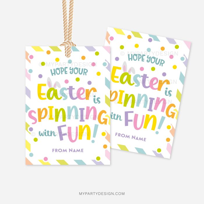 easter gift tags for class gifts that read "hope your easter is spinning with fun"