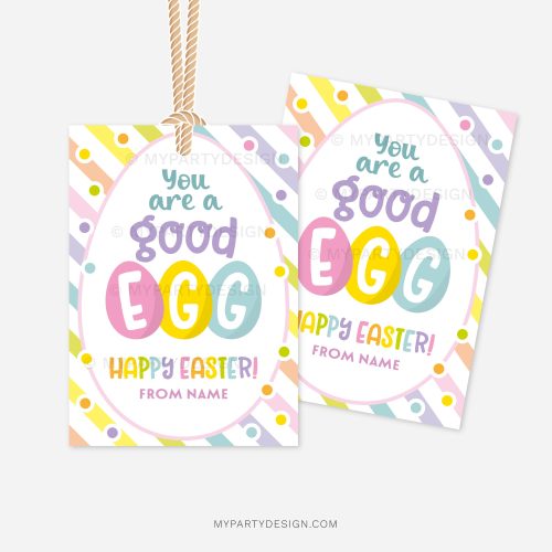rainbow coloured easter gift tags for class gifts that read "you are a good egg. Happy easter!"