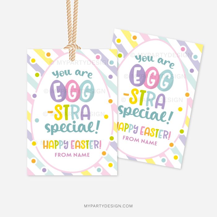 rainbow coloured easter gift tags for class gifts that read "you are egg-stra special! Happy easter!"