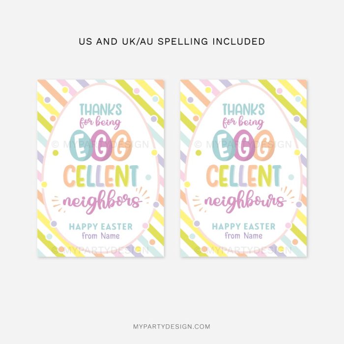Eggcellent neighbours Easter Tags in pastel rainbow colors with stripes background that read "Thanks for being EGGcellent neighbours"