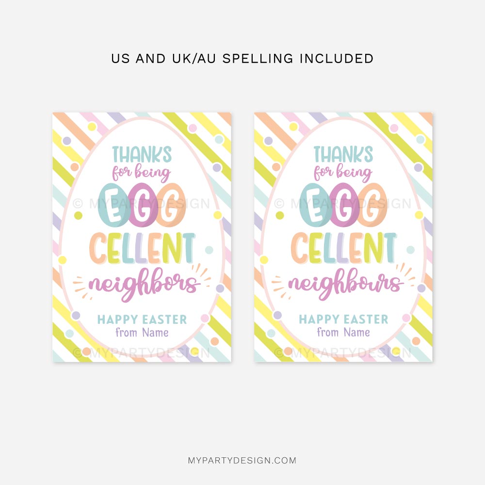 EASTER-TAGS-EGGCELLENT-NEIGHBORS-00C Eggcellent neighbours Easter Tags in pastel rainbow colors with stripes background that read "Thanks for being EGGcellent neighbours"