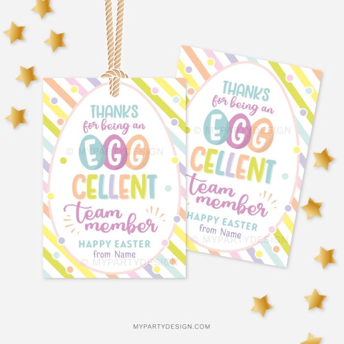 Eggcellent team member Easter Tags in pastel rainbow colors with stripes background that read "Thanks for being an EGGcellent team member"