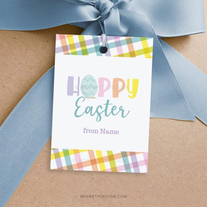 Hoppy Easter Tags with egg illustration and plaid background in soft pastel colors