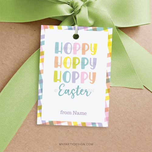 Hoppy Hoppy Easter Tags with plaid background in soft pastel colors