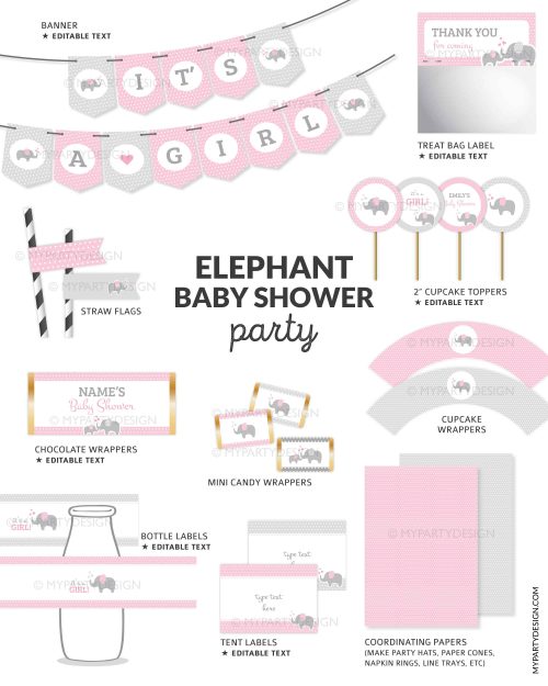 grey and pink elephant baby shower printables for girl baby shower decoration