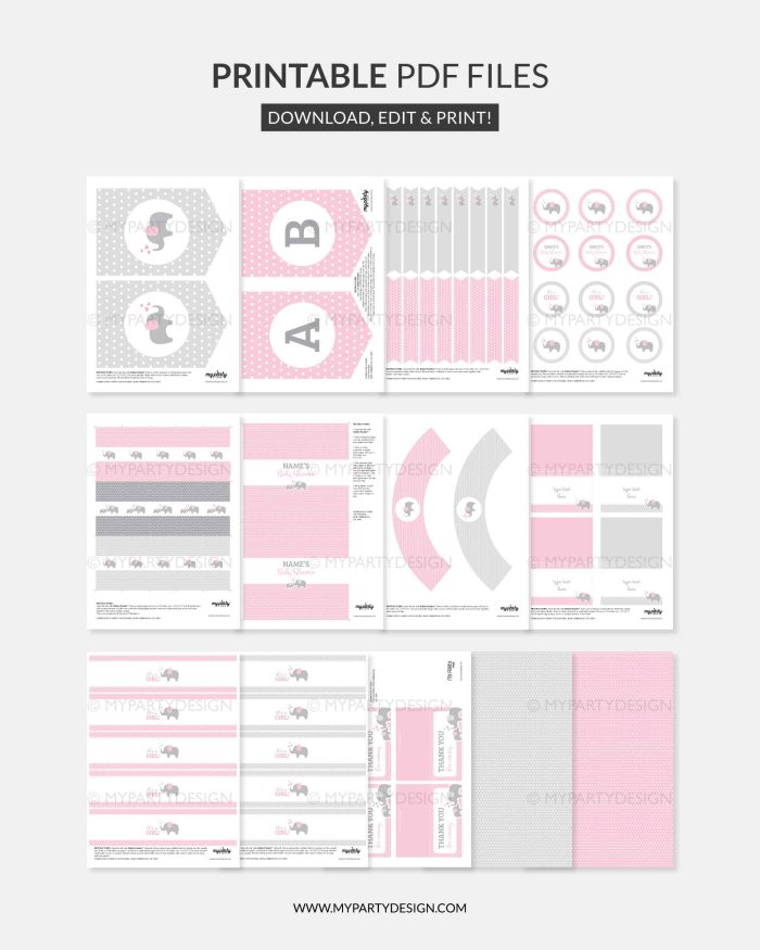printable grey and pink elephant baby shower printables for girl baby shower decoration