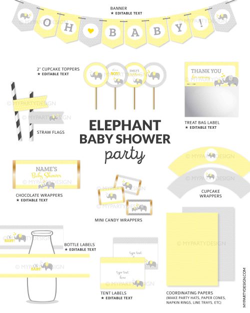 grey and yellow elephant baby shower party printables for gender neutral baby shower decoration