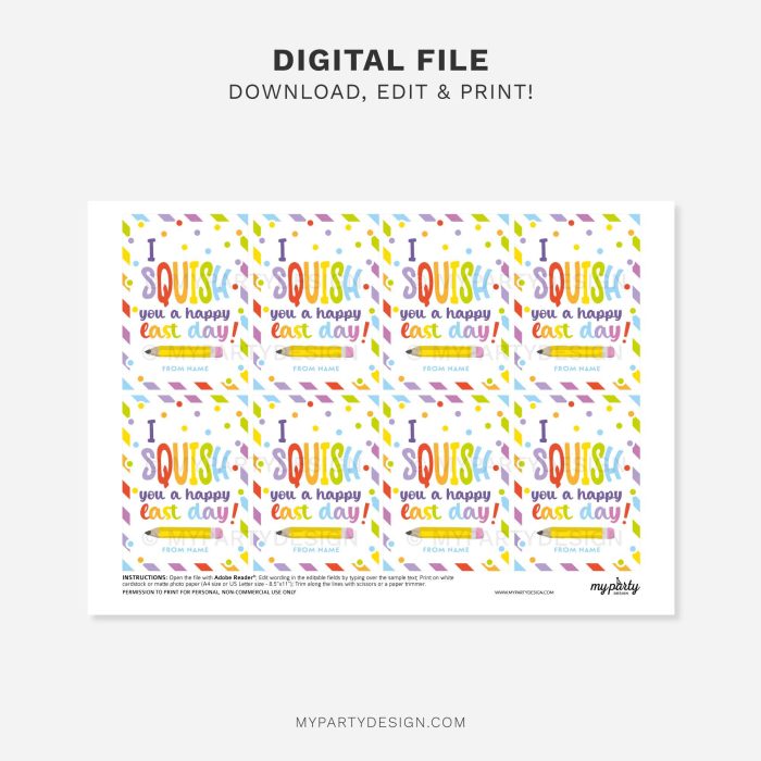 printable Squish You a Happy Last Day Gift Tag for last day of school class gifts