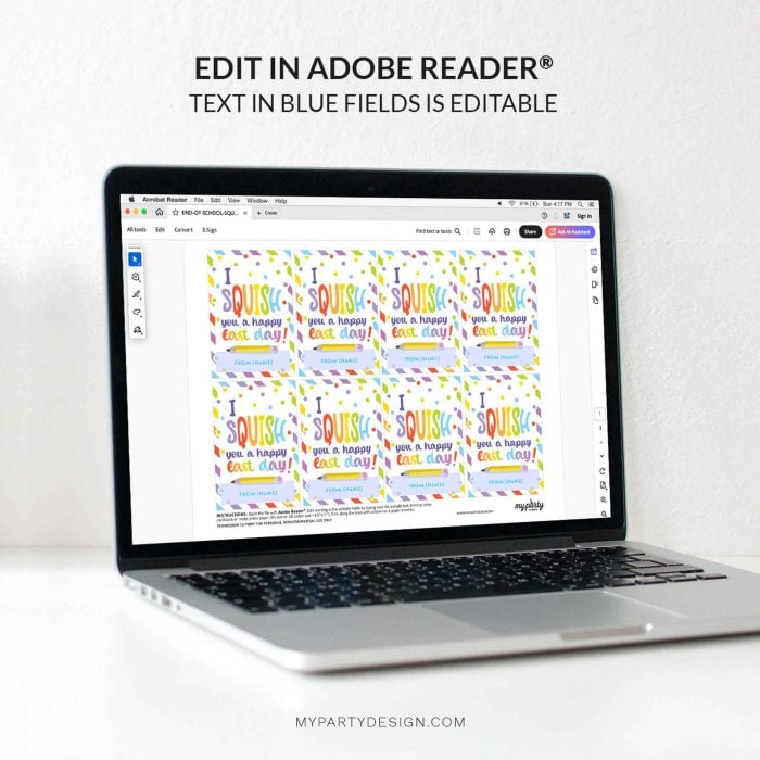editable Squish You a Happy Last Day Gift Tag template for last day of school class gifts