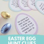 Egg shaped Easter egg hunt clues image with title Easter egg hunt clues ideas for kids