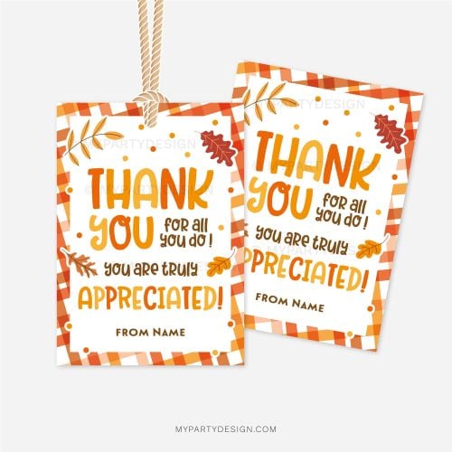 fall appreciation gift tags with autumn leaves illustrations in orange and brown colours