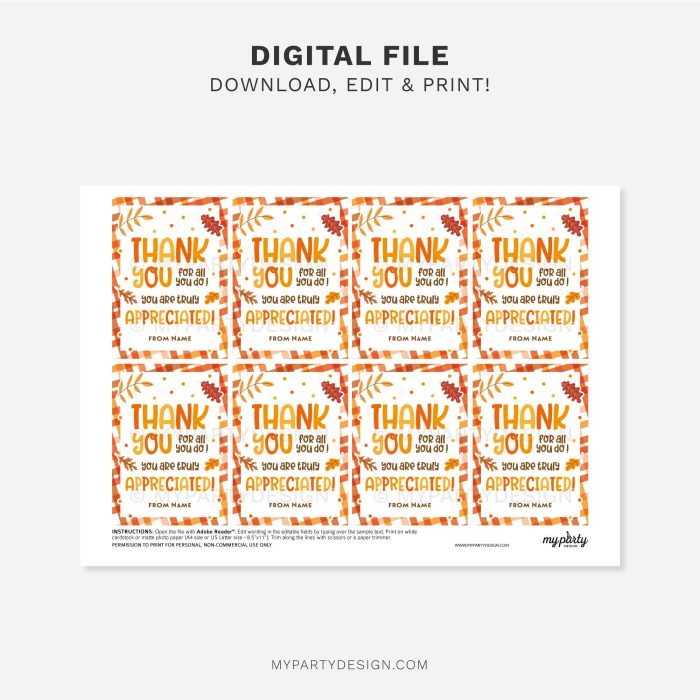 printable fall appreciation gift tag that reads "thank you for ll you do, you are truly appreciated"
