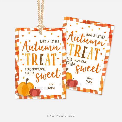 autumn treat gift tag in orange and brown colors for autumn appreciation gifts