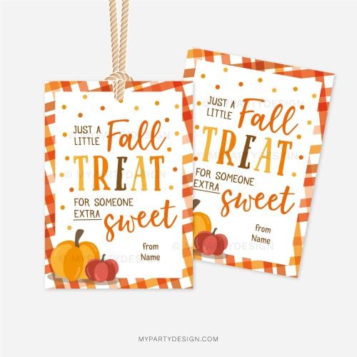 fall treat gift tag in orange and brown colors for fall appreciation gifts