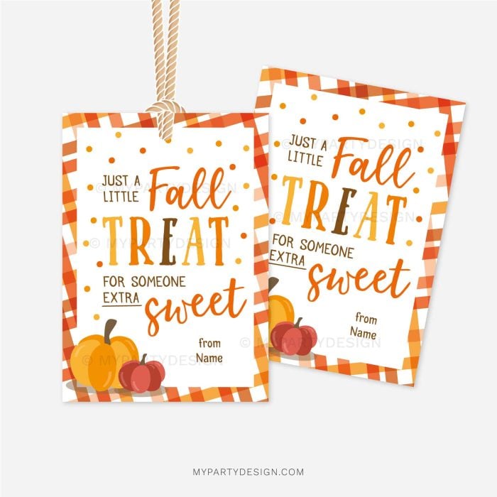 fall treat gift tag in orange and brown colors for fall appreciation gifts