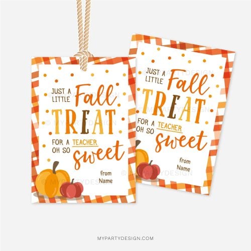 fall treat gift tag in orange and brown colors for fall teacher appreciation gifts