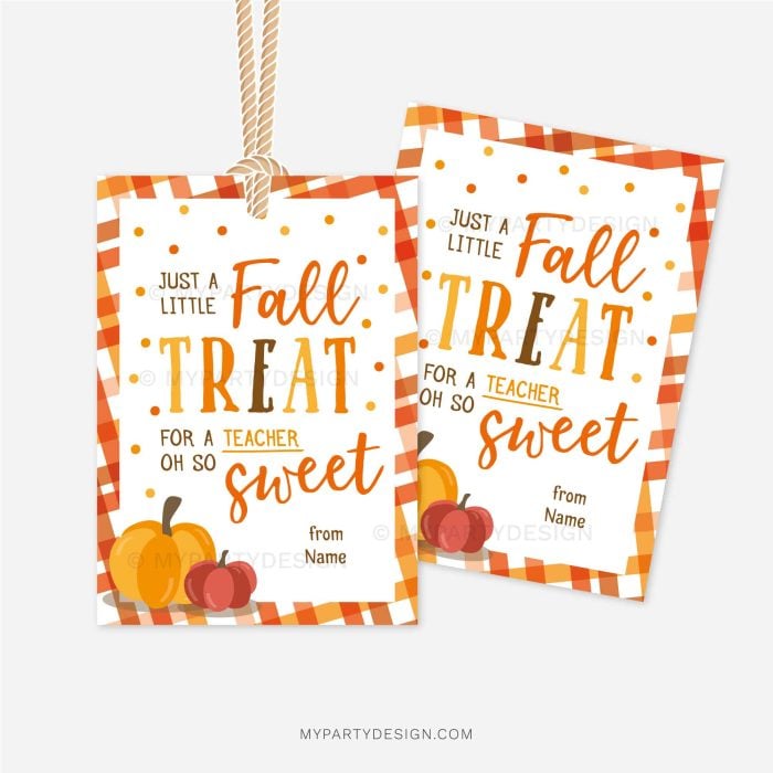 fall treat gift tag in orange and brown colors for fall teacher appreciation gifts