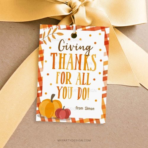 fall giving thanks for all you do gift tag in orange colours featuring pumpkin and autumn leaves illustrations for fall appreciation gifts