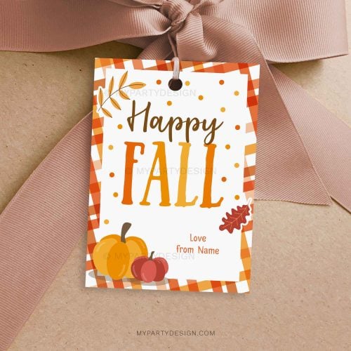 happy fall gift tag in orange and brown colours featuring pumpkin and autumn leaves illustrations for fall gifts
