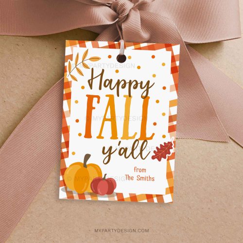 happy fall y'all gift tag in orange and brown colours featuring pumpkin and autumn leaves illustrations for fall gifts