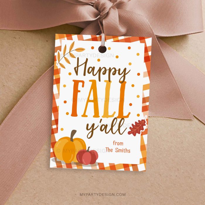 happy fall y'all gift tag in orange and brown colours featuring pumpkin and autumn leaves illustrations for fall gifts