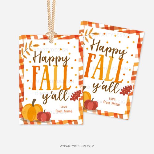 fall gift tags in orange and brown colours that read "happy fall y'all"