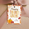 happy thanksgiving gift tag for fall thanksgiving gifts in orange and brown colours featuring pumpkin and autumn leaves illustrations
