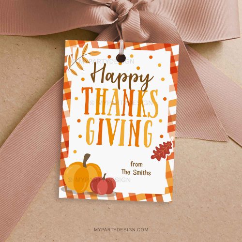 happy thanksgiving gift tag for fall thanksgiving gifts in orange and brown colours featuring pumpkin and autumn leaves illustrations
