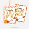 happy thanksgiving gift tags in orange and brown colours featuring pumpkin and autumn leaves illustrations for appreciation gifts