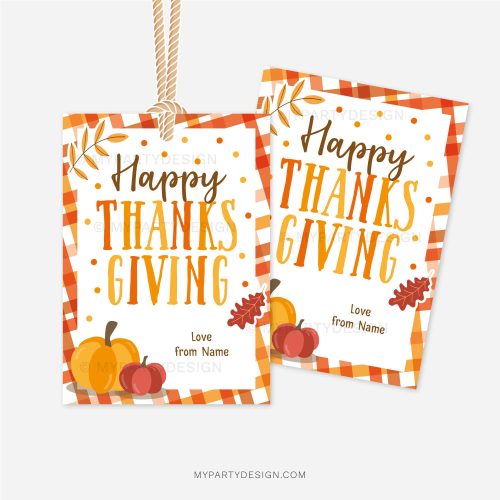 happy thanksgiving gift tags in orange and brown colours featuring pumpkin and autumn leaves illustrations for appreciation gifts
