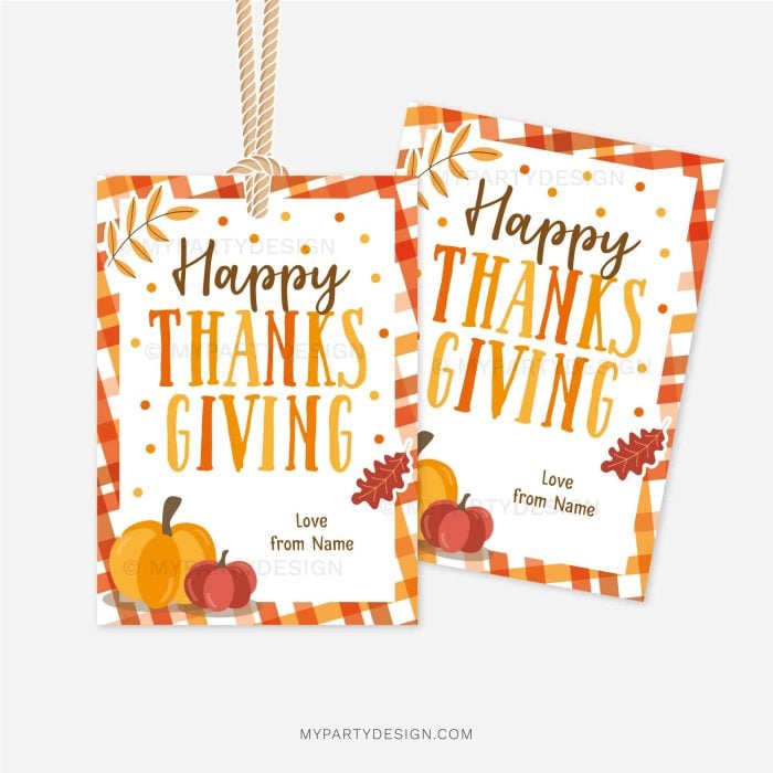 happy thanksgiving gift tags in orange and brown colours featuring pumpkin and autumn leaves illustrations for appreciation gifts