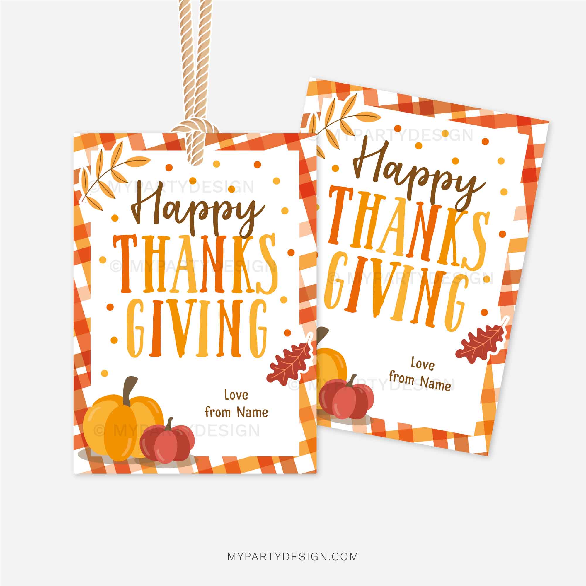 FALL-GIFT-TAGS-HAPPY-THANKSGIVING-00B happy thanksgiving gift tags in orange and brown colours featuring pumpkin and autumn leaves illustrations for appreciation gifts