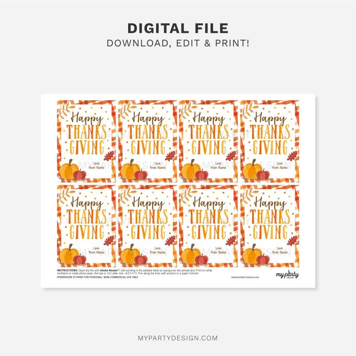 printable happy thanksgiving gift tag for fall thanksgiving gifts in orange and brown colours featuring pumpkin and autumn leaves illustrations