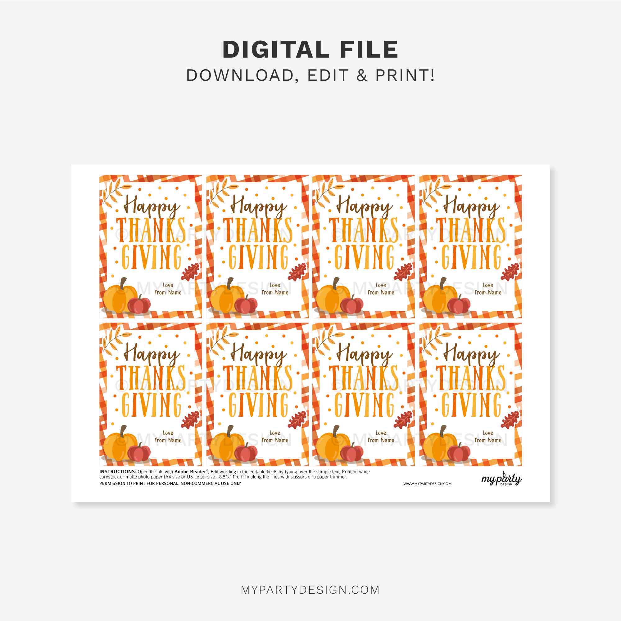 FALL-GIFT-TAGS-HAPPY-THANKSGIVING-00C printable happy thanksgiving gift tag for fall thanksgiving gifts in orange and brown colours featuring pumpkin and autumn leaves illustrations