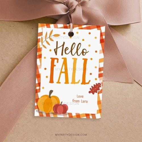 hello fall gift tag in orange and brown colours featuring pumpkin and autumn leaves illustrations for fall gifts