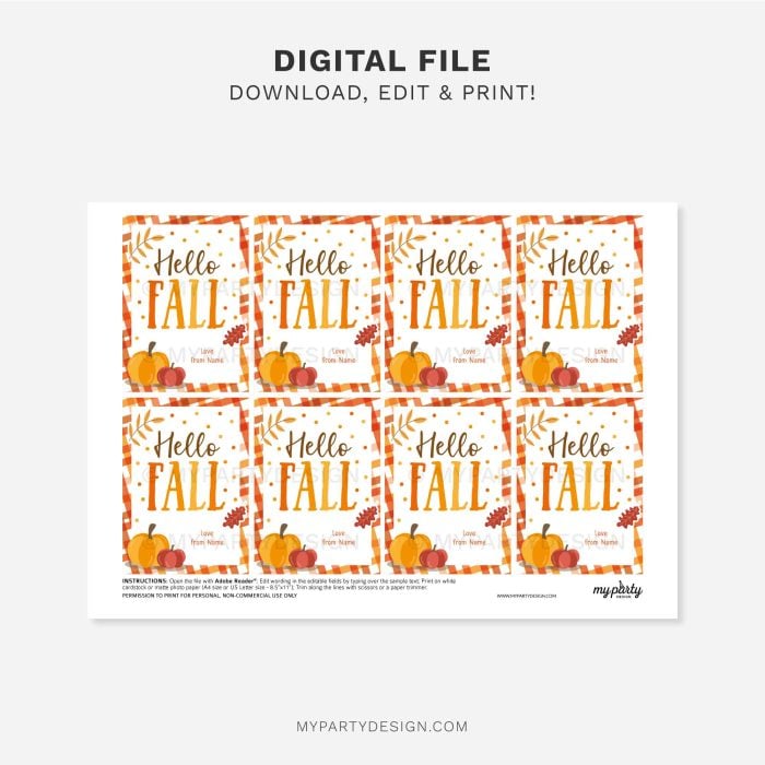 printable hello fall gift tag in orange and brown colours featuring pumpkin and autumn leaves illustrations for fall gifts