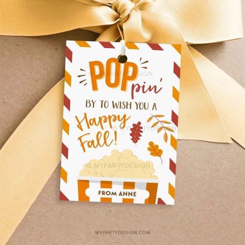 fall popcorn gift tag with autumn leaves illustrations in orange colors for fall appreciation gifts
